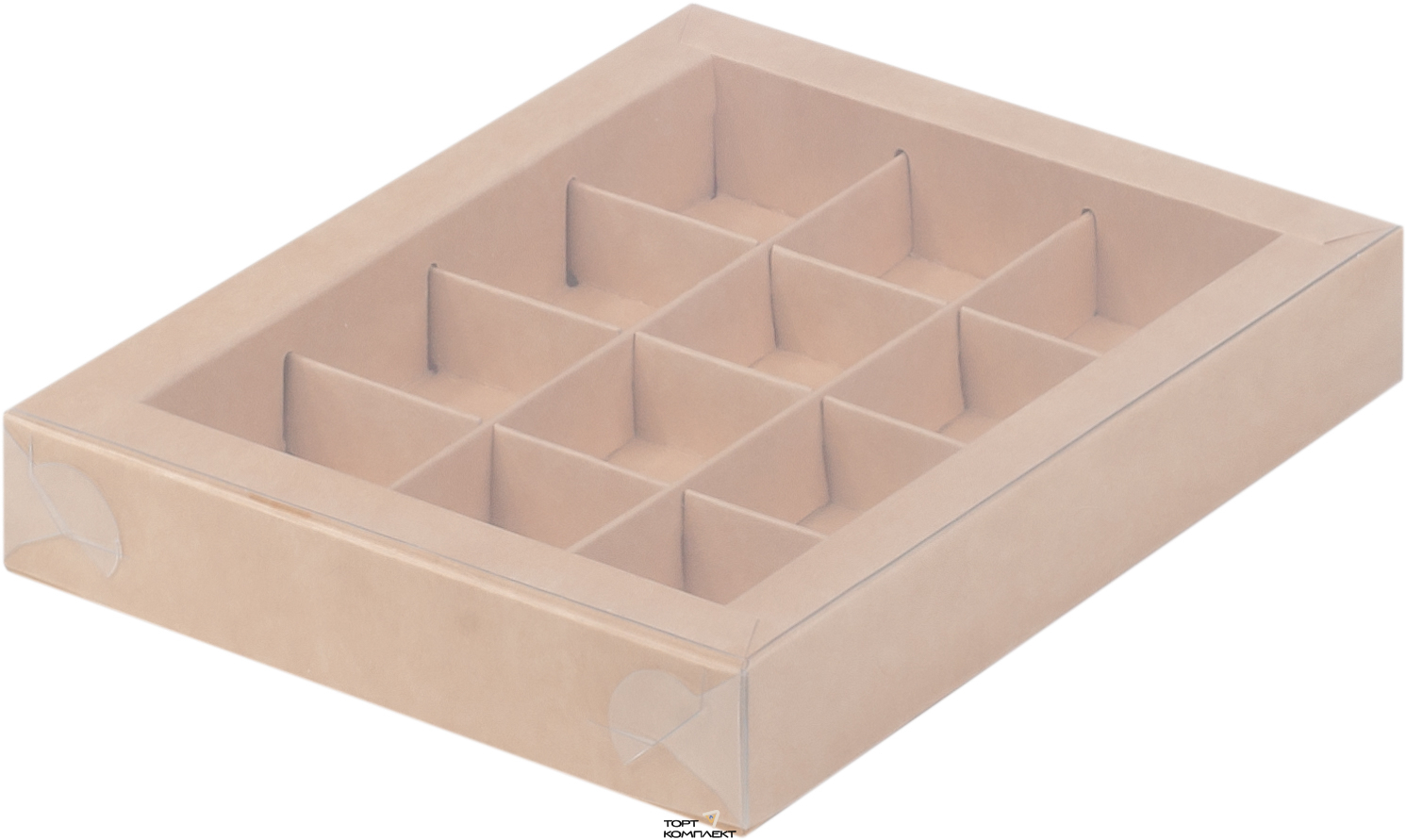 Коробка под 12 конфет с пластиковой крышкой 190/150/30мм Крафт 