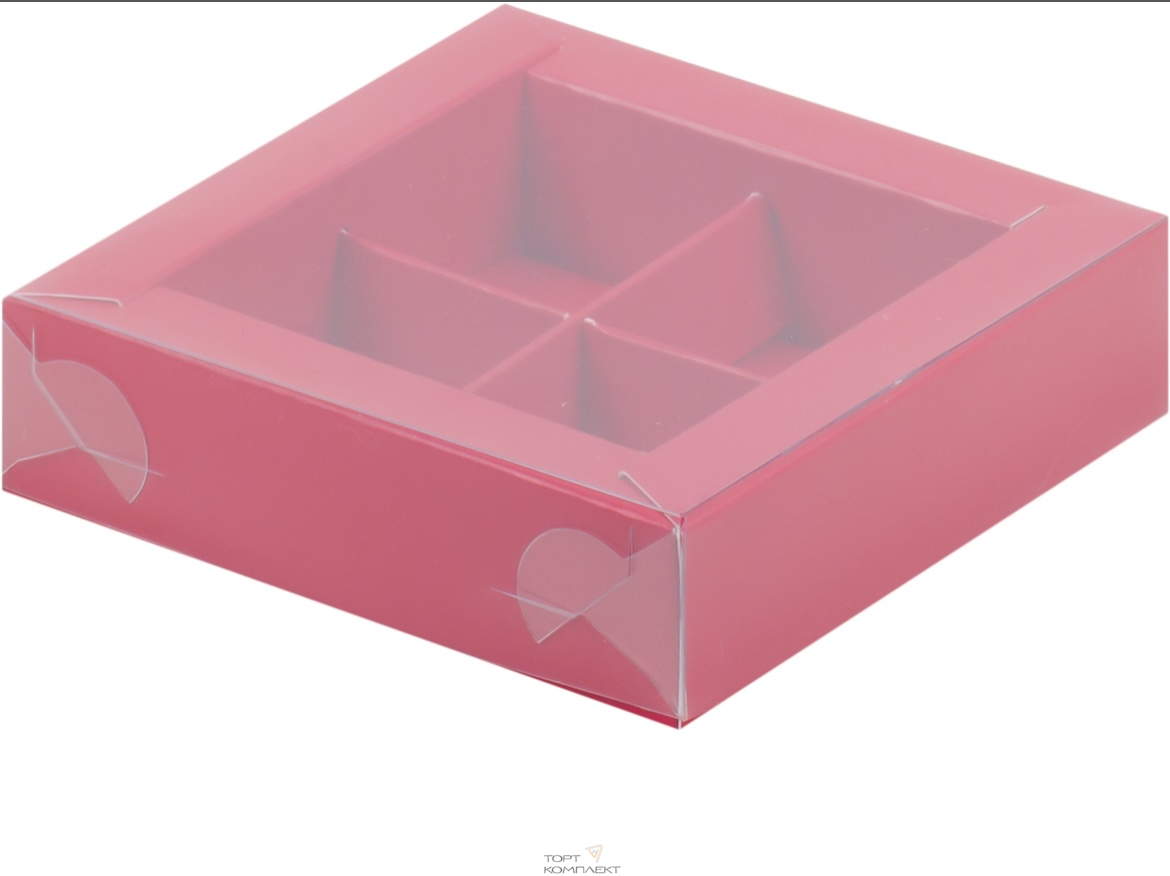 Коробка под 4 конфеты Красная с пластиковой крышкой 12*12*3см