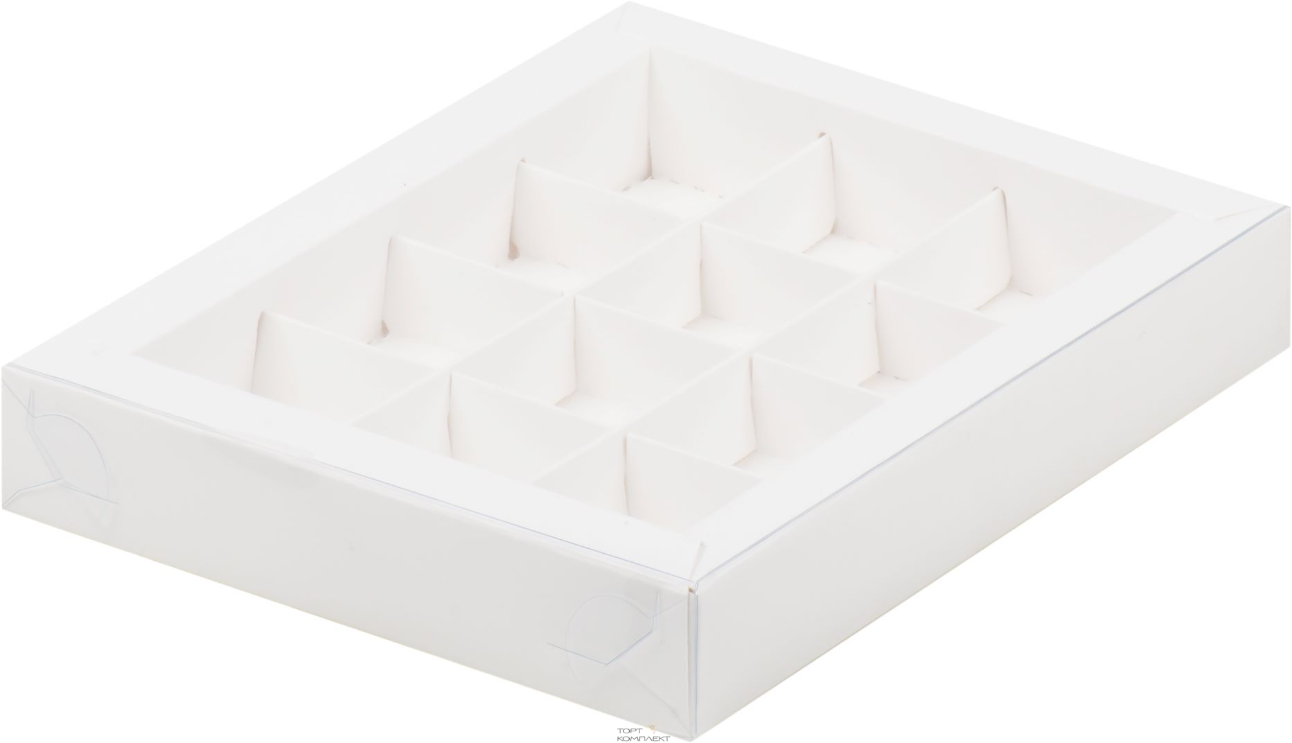 Купить Коробка под 12 конфет с пластиковой крышкой 190/150/30мм Белая