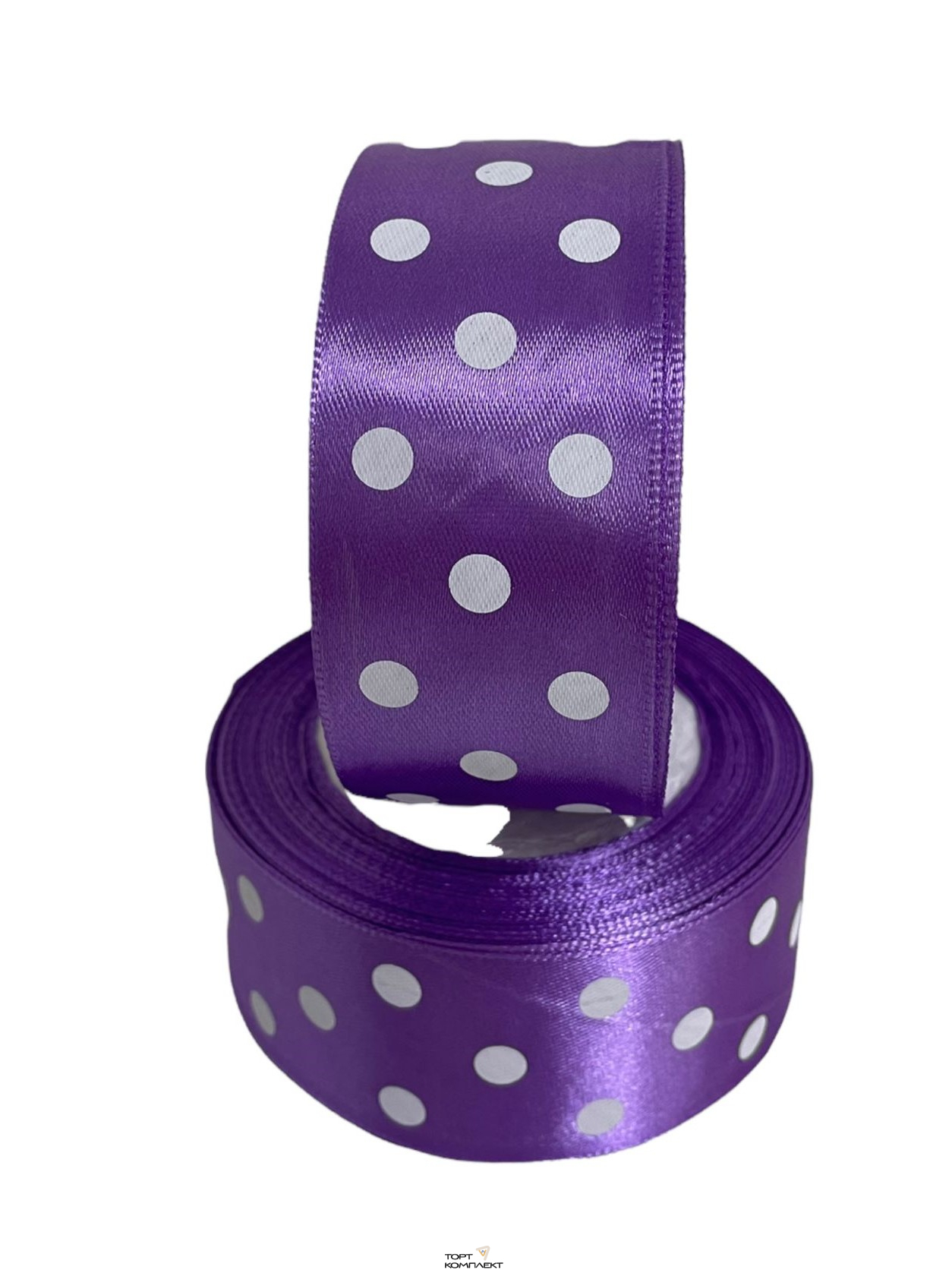 Лента Атласная 38мм 23 м Фиолетовая в горох