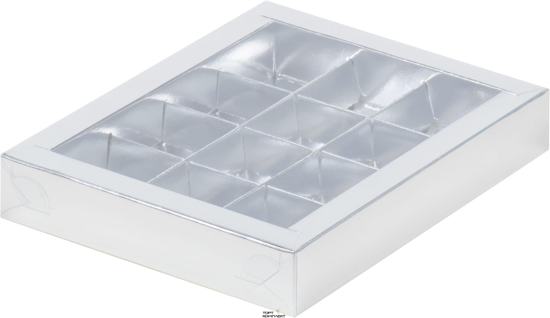 Коробка под 12 конфет с пластиковой крышкой 190/150/30мм Серебро