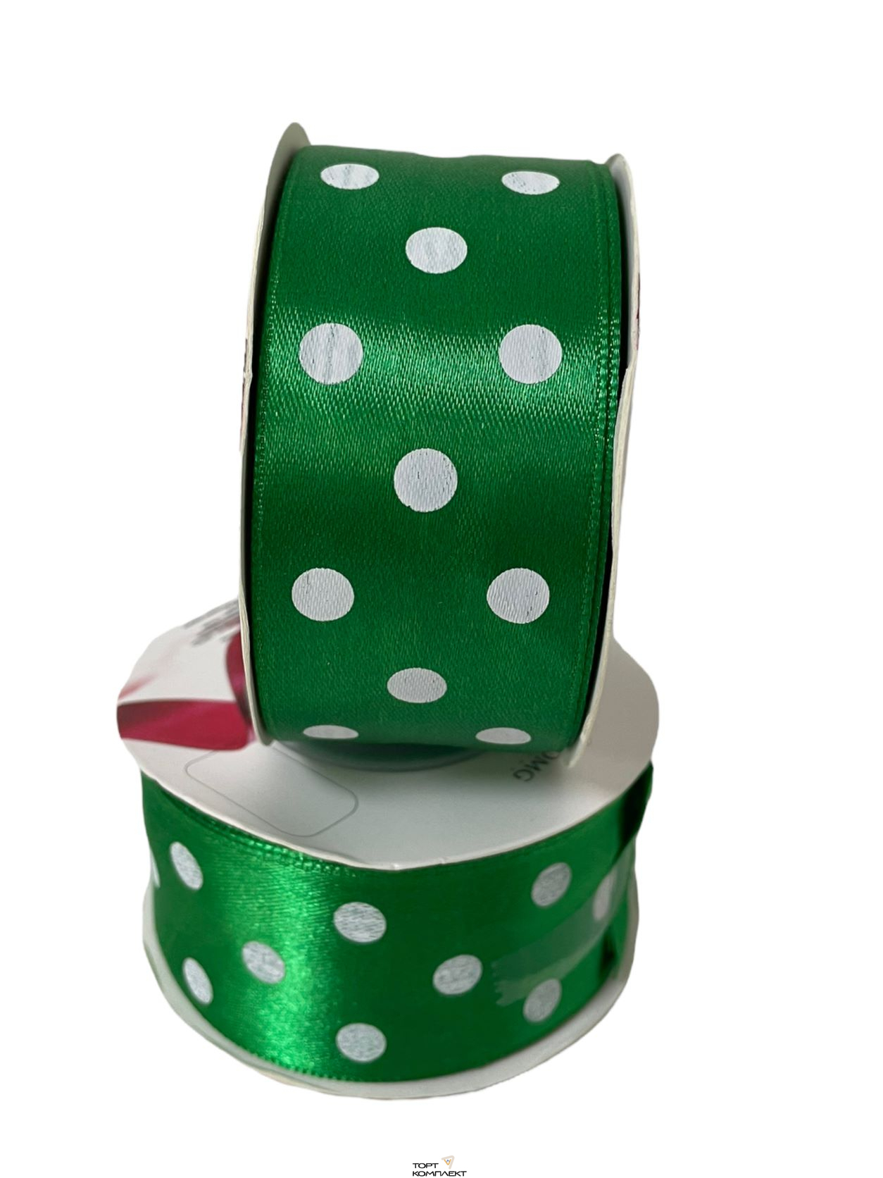 Лента Атласная 38мм 23 м зеленая в горох