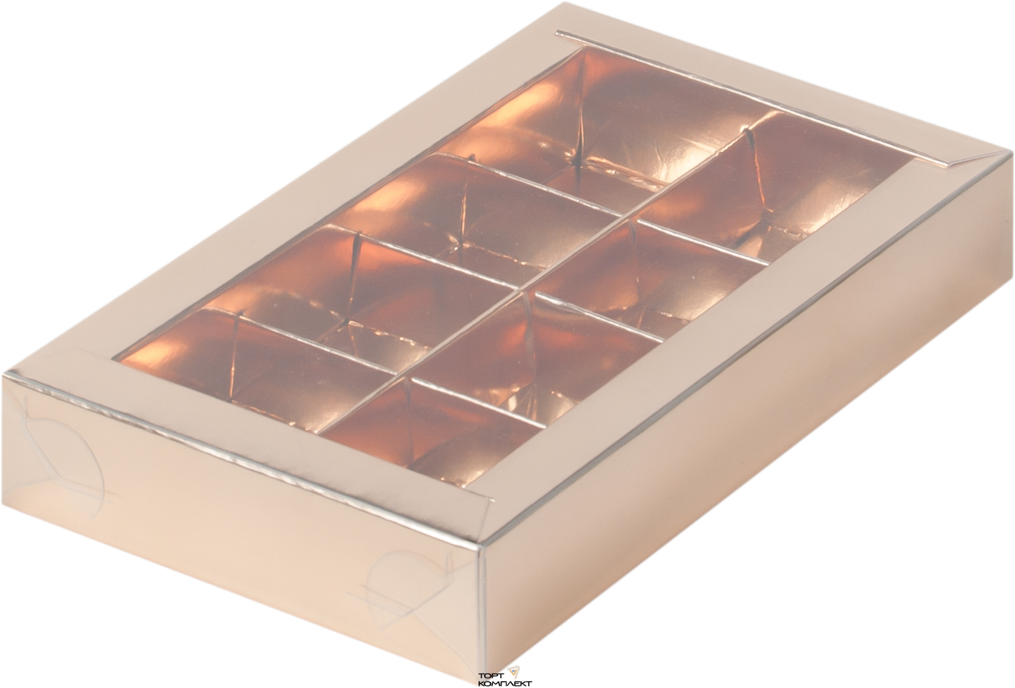 Коробка под 8 конфет  с пластиковой крышкой 19*11*3см Золото