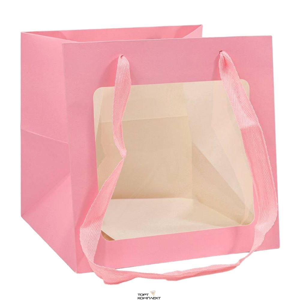Квадратный пакет «Розовый с окном» 25 × 25 × 25 см