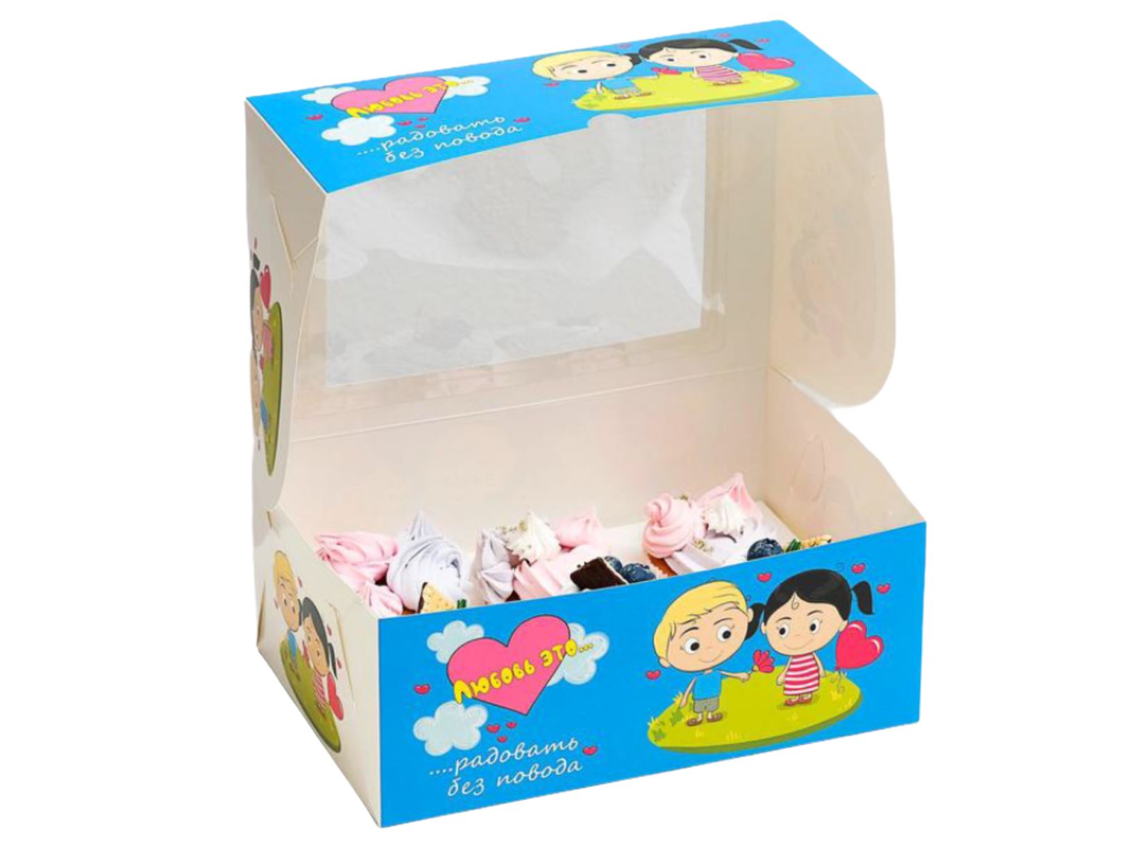 Коробка на 6 капкейков с окном, "Любовь это…", голубая, 25 х 17 х 10 см 