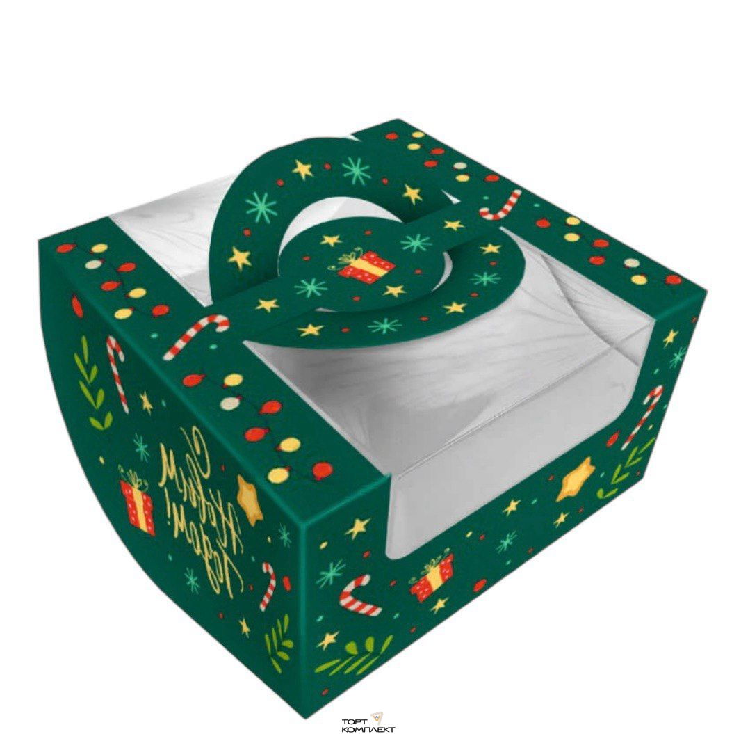 Коробка для бенто-торта 14*14*8 Новогодний изумрудный