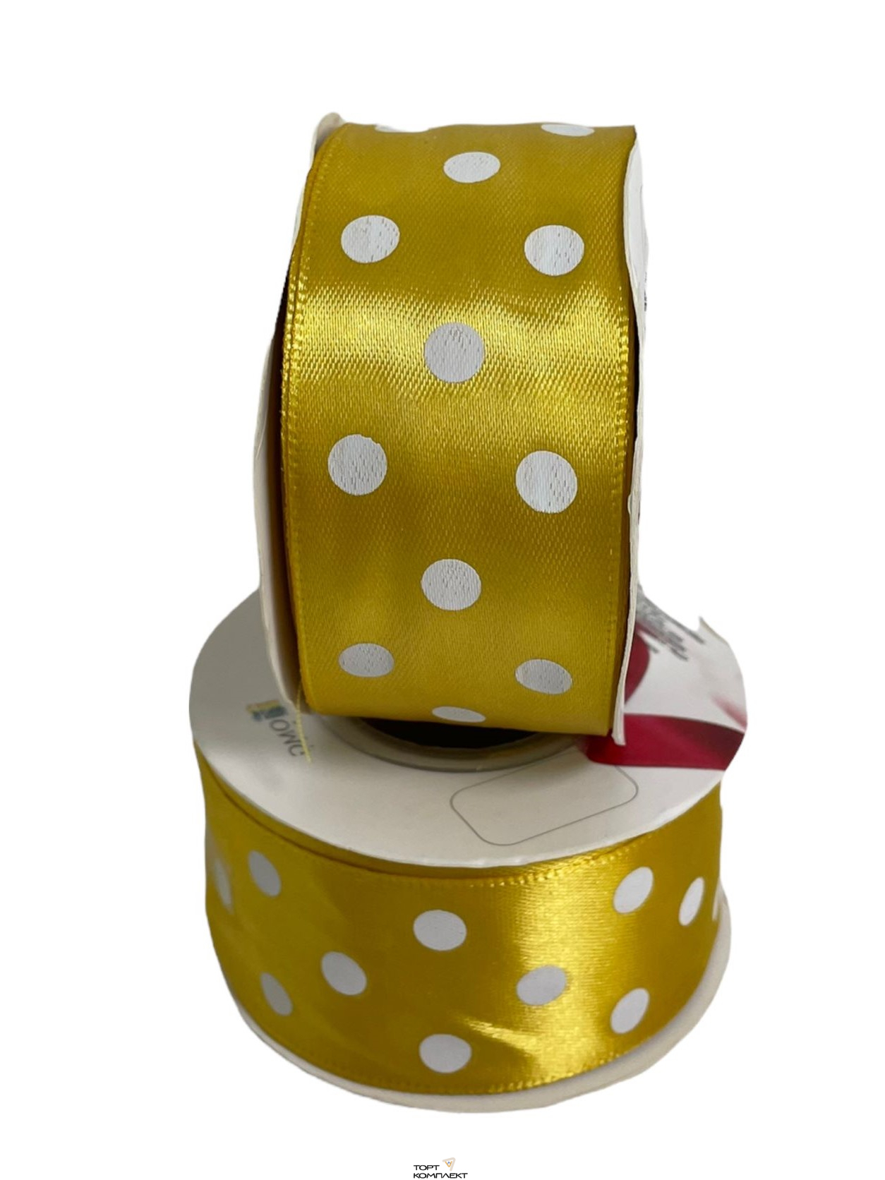 Лента Атласная 38мм 23 м желтая в горох