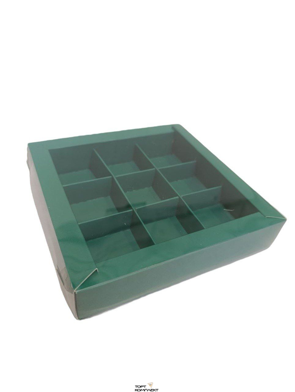 Коробка под 9 конфет с пласт.крыш.15,5*15,5*3см  Зеленая