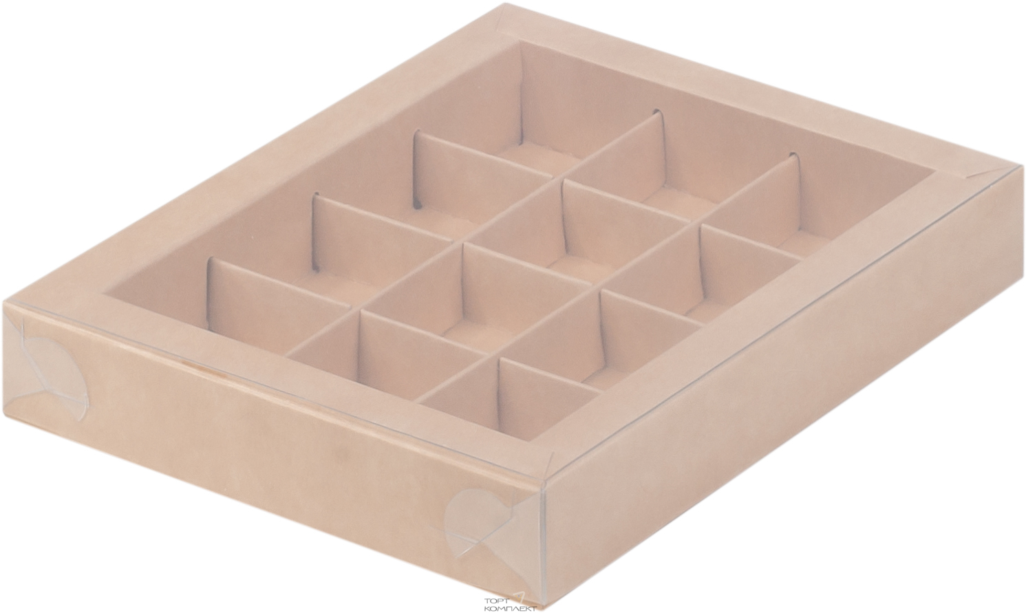 Коробка под 12 конфет с пластиковой крышкой 190/150/30мм Крафт 