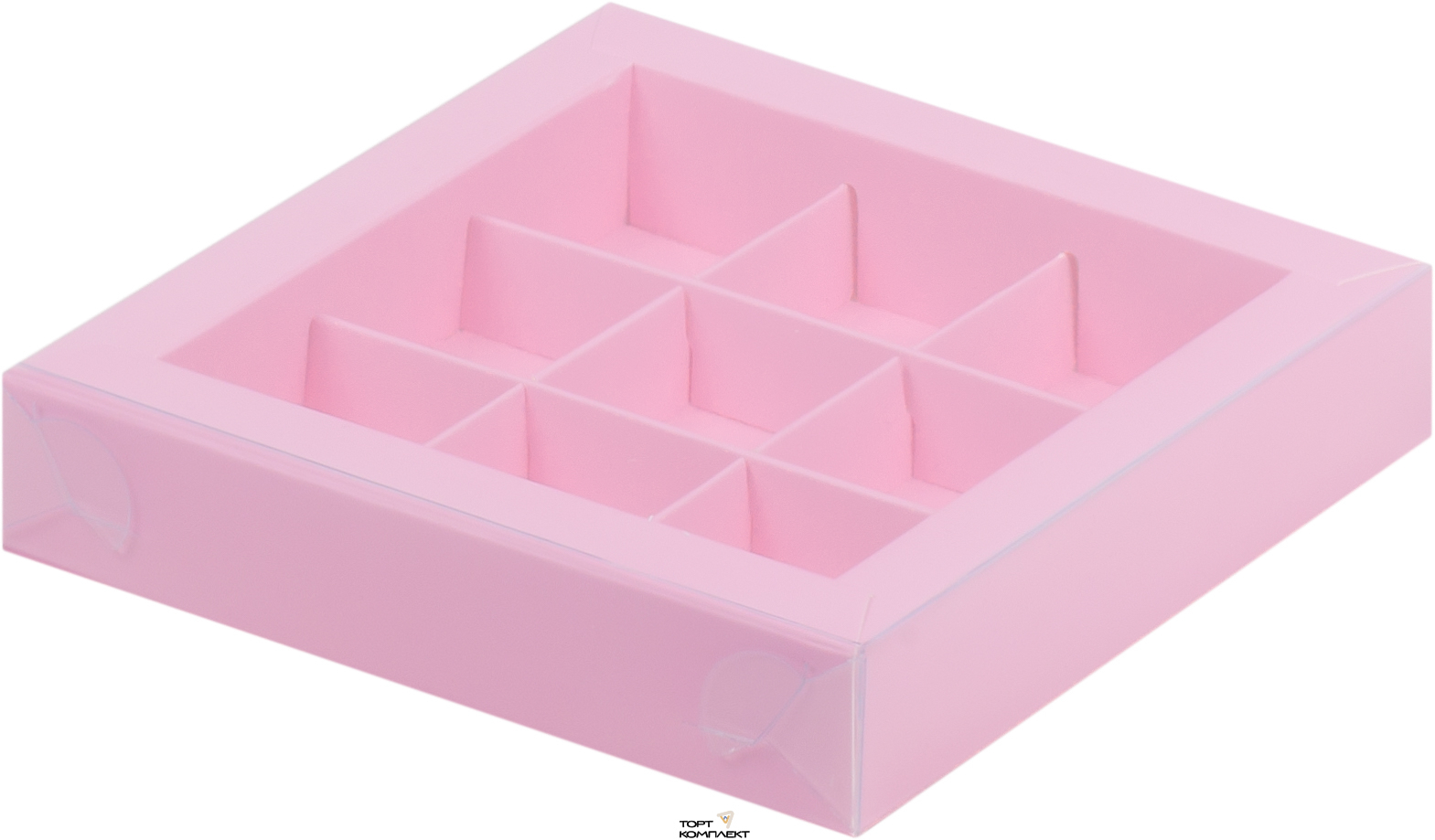 Коробка под 9 конфет с пласт. крыш. 15,5*15,5*3см Розовая