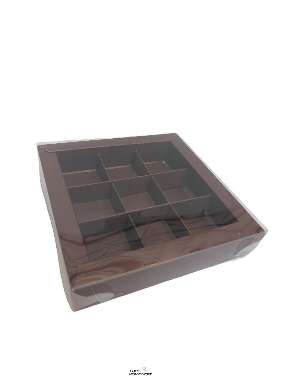 Коробка под 9 конфет с пласт. крыш. 15,5*15,5*3см Шоколад