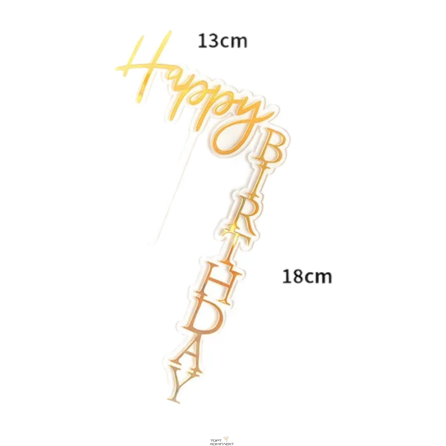 Топпер в торт "Happy birthday" уголок прозрачный-золотой